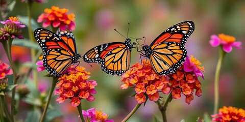 Obraz premium Monarch butterflies nectaring on colorful blossoms during fall migration in Texas' Rio Grande Valley, nectar, flora