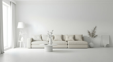 Living Room Interior with White Couch, Table and Decorations in Minimal Style