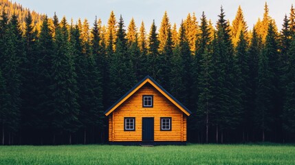 Cozy Yellow Cabin Nestled Among Tall Green Pine Trees at Sunset