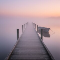 Obraz premium Misty Morning at a Lake: Wooden Dock and a Boat