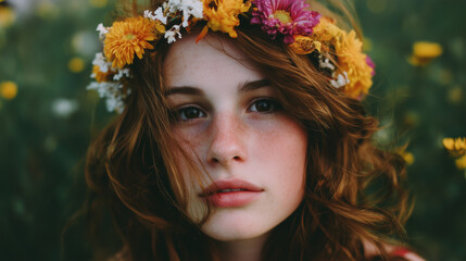 Woman wearing Beltane flower crown with auburn hair outdoors