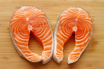 Fresh raw salmon steaks on a wooden cutting board. 
