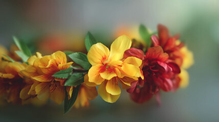 Fototapeta premium Beltane floral garland with yellow and red flowers and green leaves