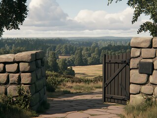 Serene Rural Landscape Open Wooden Gate Leading to Picturesque Countryside View