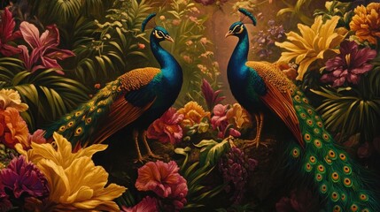Obraz premium Two peafowl amidst a vibrant array of flowers and foliage.