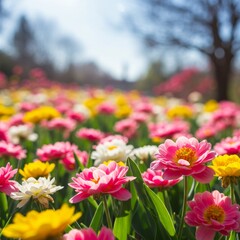 Fototapeta premium Vibrant Pink Yellow White Flowers Blooming in Sunny Garden
