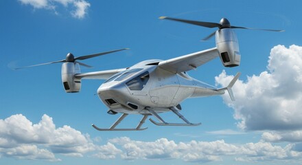 Silver Tiltrotor Helicopter Flying Above Clouds