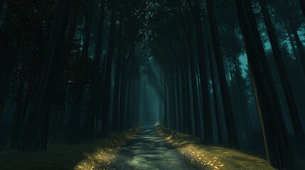 Fototapeta premium Dark, mystical forest path. Dim light filters through the trees