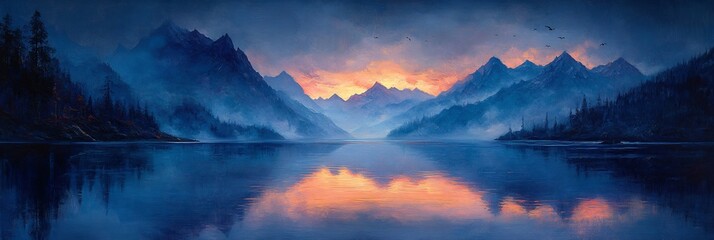 Twilight mountain range reflecting in alpine lake. Impressionistic painting with deep blues, purples, emerald green hues. Calm, ethereal mood, dramatic lighting. Use for travel or nature themes.