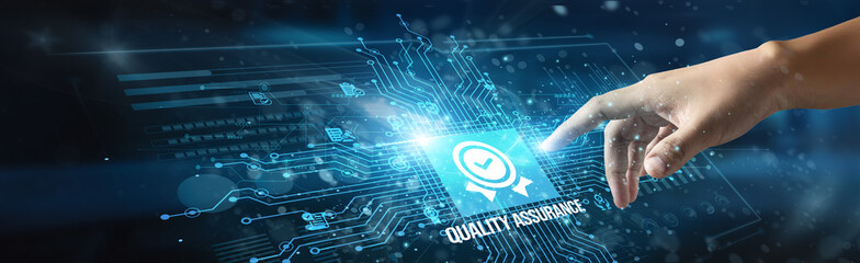 A businessman touching the icon and the word 'Quality Assurance' ensures products meet standards, improves processes, prevents defects, guarantees customer satisfaction, enhances reliability.