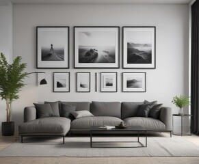 Minimalist living room, empty black frames gallery wall mockup,  interior design,  shadows