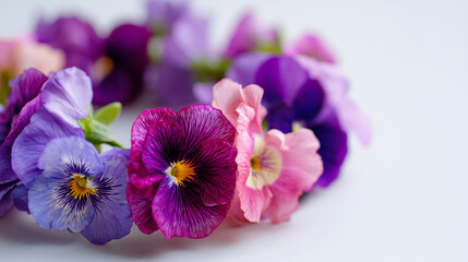 Obraz premium Arrangement of colorful pansy flowers in soft Beltane lighting