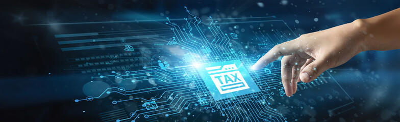 A businessman touching the icon and the word 'TAX' represents mandatory financial charges imposed...