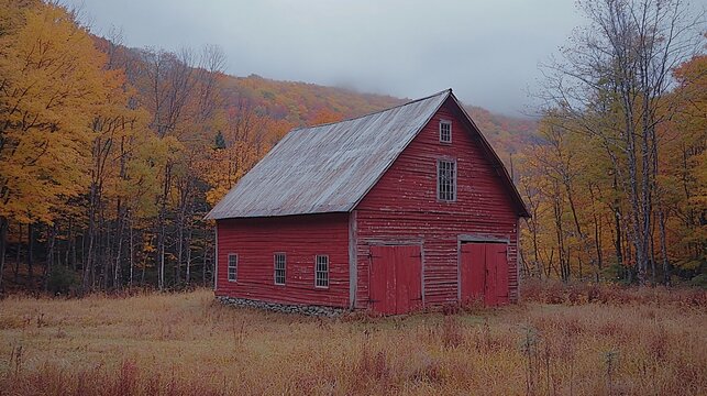 Rustic red barn in autumnal forest - Powered by Adobe