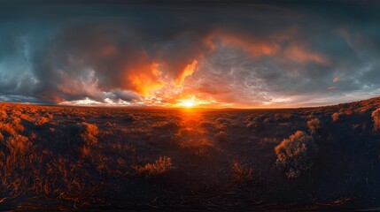 Dramatic sunset over a vast, dry plain.