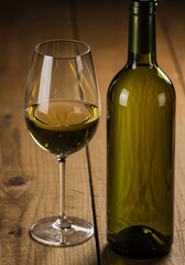 Glass and Bottle of White Wine on Wooden Table