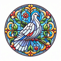Ornate circular stained glass design featuring a dove.