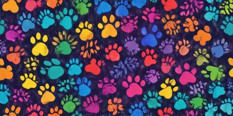 Vibrant rainbow paw prints, doodle style seamless repeat,  surface pattern,  abstract,  paw prints pattern