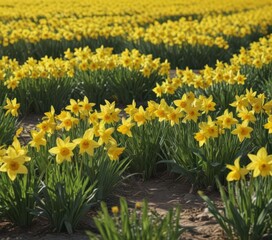 Fototapeta premium Sunlit daffodil field, vibrant yellow blooms, springtime meadow, rural, sun
