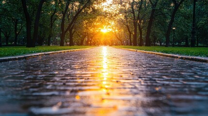 Serene Park Pathway at Sunrise Surrounded by Lush Green Trees