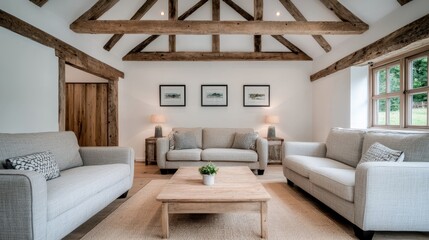 Cozy Living Room with Rustic Wooden Beams and Comfortable Sofas