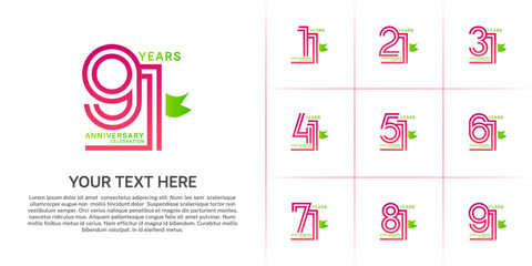 Anniversary logo style double line number set with ribbon. purple color on white background for celebration event