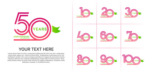 Anniversary logo style double line number set with ribbon. purple color on white background for celebration event