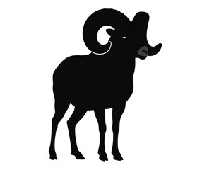 Bighorn sheep silhouette. This image depicts a black silhouette of a bighorn sheep standing tall, showcasing its powerful curved horns and rugged nature. Vector clipart illustration design.
