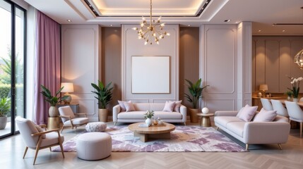 Fototapeta premium Elegant modern living room design with soft pastel colors, stylish furniture, and bright natural light showcasing a serene atmosphere