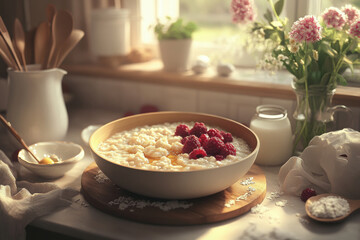 cozy kitchen scene featuring bowl of morning porridge surrounded by milk honey and fresh berries.