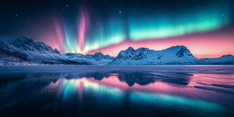 Naklejka premium Aurora Borealis Over Snowy Mountains Reflected on a Frozen Lake at Twilight