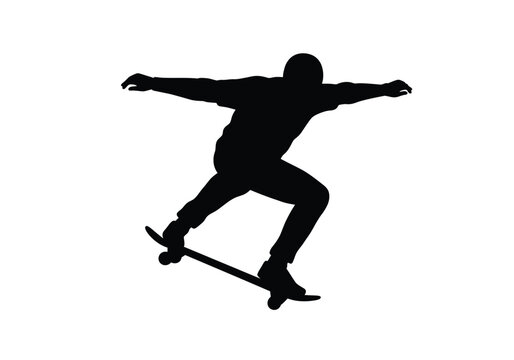 Skateboarder silhouette. This image shows a black silhouette of a skateboarder performing a trick, showcasing balance, agility, and dynamic motion. Vector clipart illustration design.