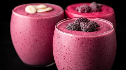 Berry Smoothies: An eye-level, close-up shot showcases three vibrant berry smoothies, each elegantly presented in a clear glass, the refreshing concoctions a delicious and healthy treat.