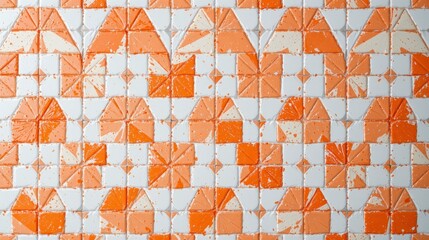 Abstract geometric tile pattern featuring orange and white colors, creating a vibrant and artistic wall design in a modern setting