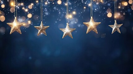 Five gold glitter stars on sparkling blue holiday background