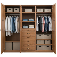 Open wooden wardrobe with clothes isolated on transparent background