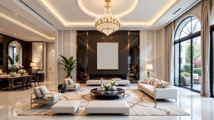 Obraz premium Elegant modern living room interior design with luxurious details, chandelier, large windows, and stylish furniture, bright atmosphere