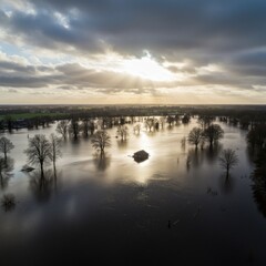 Fototapeta premium Aerial View of Flooded Trees at Sunset