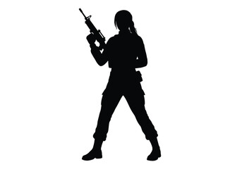 Female military silhouette. This image shows a female soldier parachuting, depicted in a black silhouette style. Vector clipart illustration design.