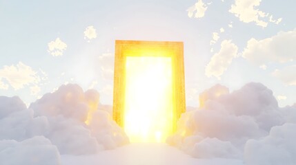 Golden door is shown in the sky, with clouds surrounding it