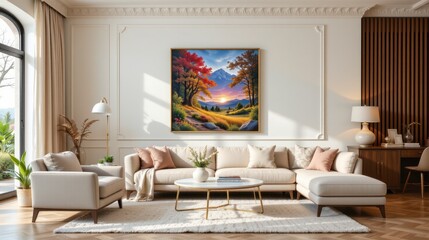 Cozy living room interior with modern furniture and vibrant landscape painting on the wall showcasing beautiful nature scenery