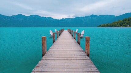 Fototapeta premium Serene Dock Overlooking Turquoise Lake and Mountain Range