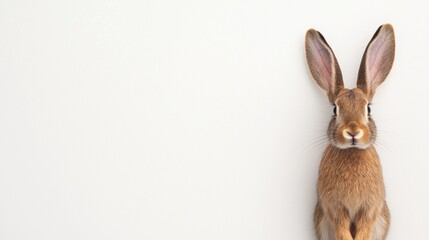 Obraz premium A brown rabbit with upright ears sits against a plain, light background, looking directly at the camera.