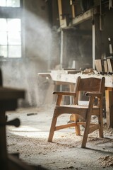 A carpenterâ€™s workshop with wood dust in the air and tools on benches. A woodworker is sanding the final edges of a handmade chair. The mood is peaceful and proud