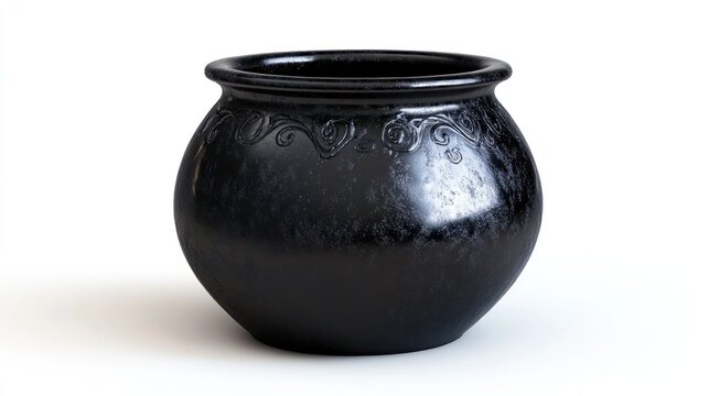 Dark, round cauldron with decorative swirls