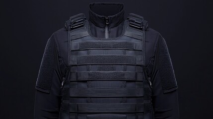 A person wearing a black tactical bulletproof vest over a dark uniform, set against a solid black background.