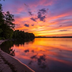 Obraz premium Vibrant Sunset Over Calm Lake with Tree Reflections