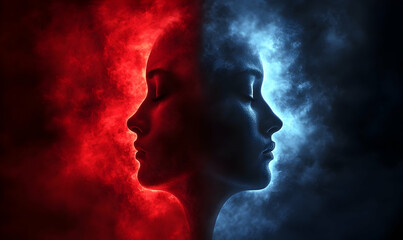Dual face portrait red and blue smoke contrast