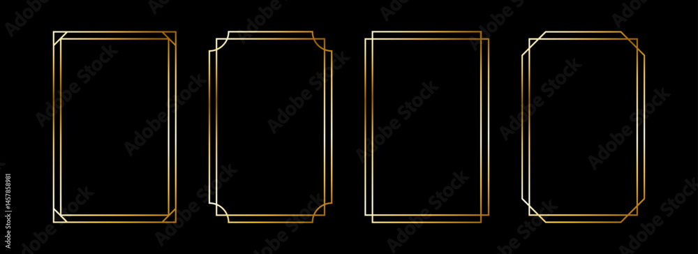 Poster thin metallic rectangle frame set. shiny gold foil border collection. golden glowing geometric board