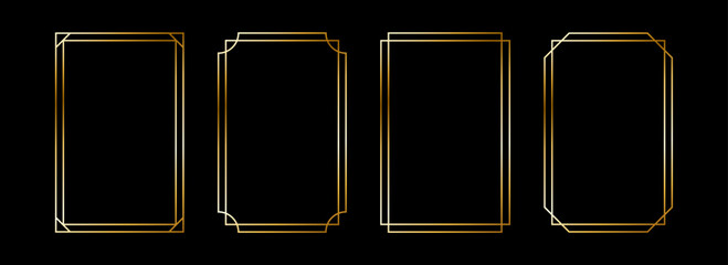 Thin metallic rectangle frame set. Shiny gold foil border collection. Golden glowing geometric boarder bundle in art deco style. Rectangular element pack for photo, cadre, card, emblem, label. Vector